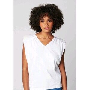 BLANKNYC Womens Sleeveless Shoulder Padded V Neck Tee Shirt White Size Medium